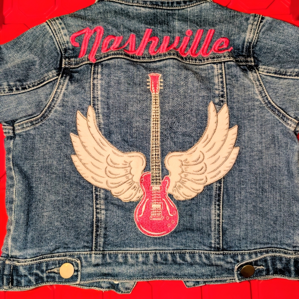 New Nashville Kids Denim Jacket with Pink Guitar and Wings. Size 2T